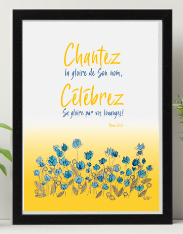 Cadre fleurs bleues «Chantez la gloire de Son nom […]» - Psaume 66.2, cadre noir vertical