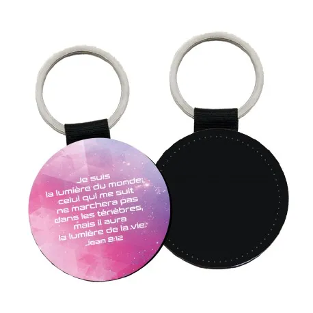 Porte-clés similicuir rond - "Je suis la lumière du monde…" Jean 8:12