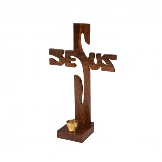 Croix décorative Jésus en bois de manguier - support bougie
