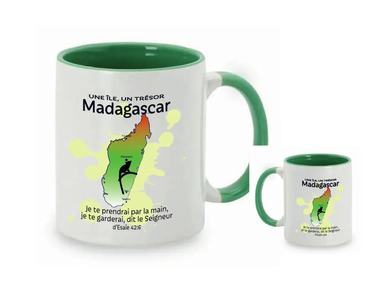 Mug bicolore blanc/vert foncé, Madagascar « Je te prendrai par la main […] » - Ésaie 42.6