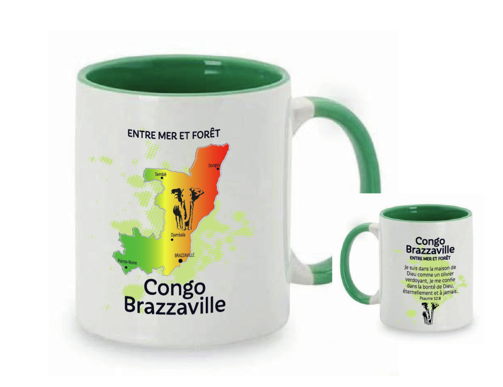 Mug bicolore blanc/vert foncé, Congo Brazzaville + verset Psaume 52.8
