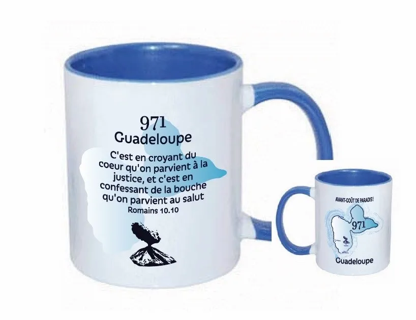 Mug bicolore blanc/bleu clair, Guadeloupe + verset Romains 10.10