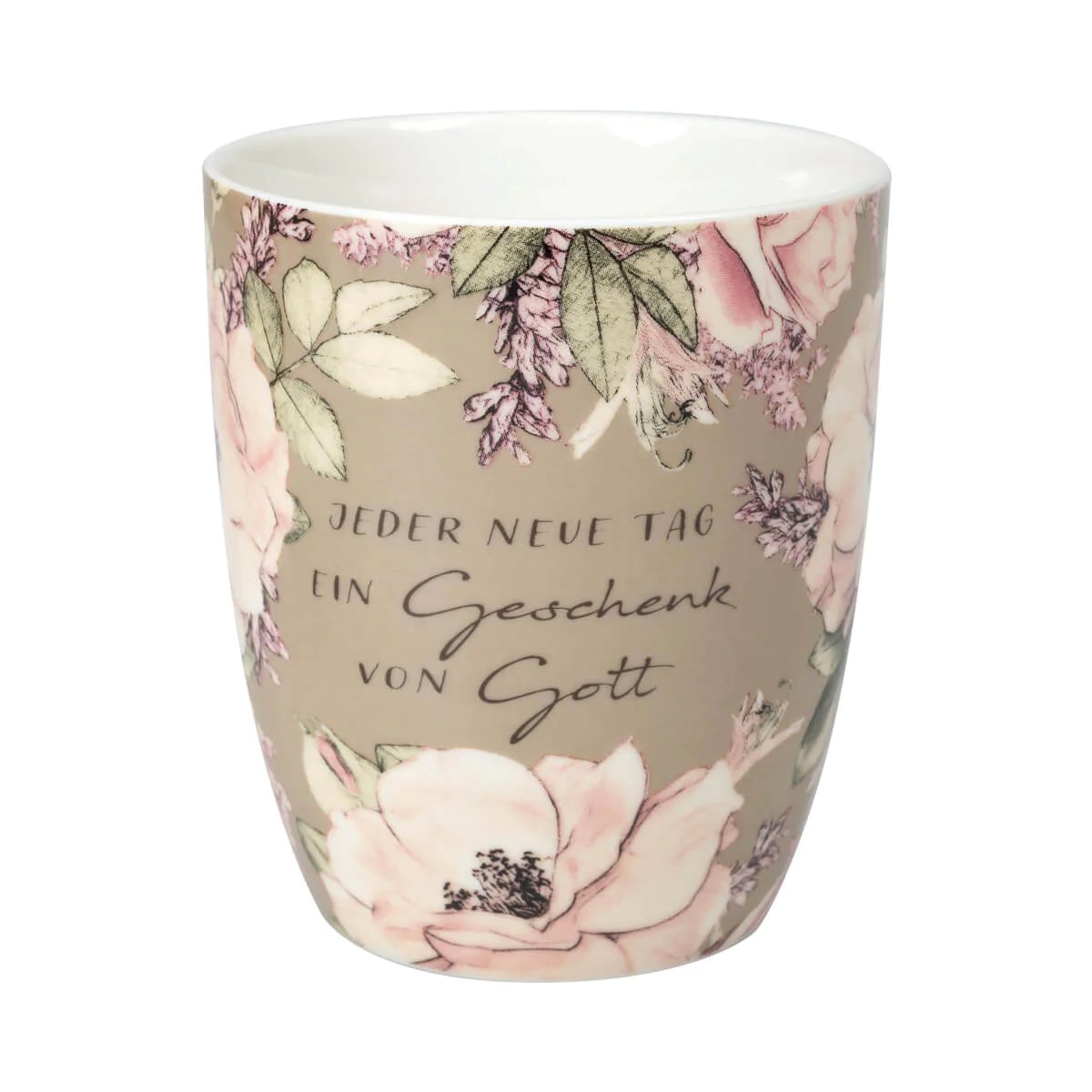 Tasse - Jeder neue Tag ein Geschenk von Gott - beige, Blumen, 350ml