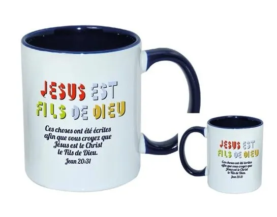 Mug bicolore blanc/bleu marine, Jésus est fils de Dieu « Ces choses ont été écrites […] » - Jean...