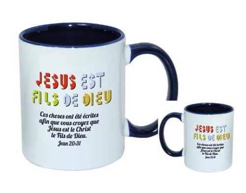 Mug bicolore blanc/bleu marine, "Jésus est fils de Dieu" + verset Jean 20.31