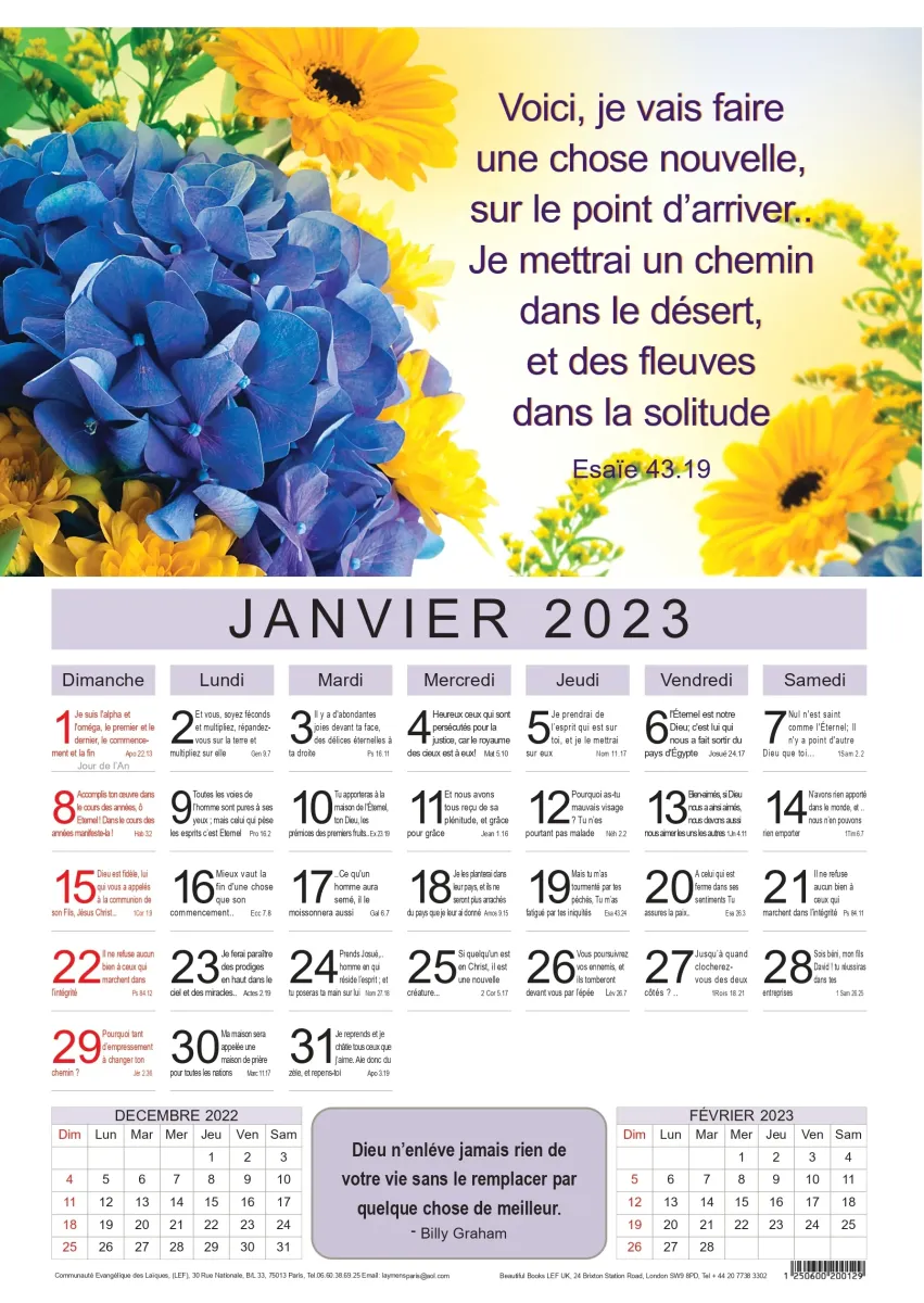 Calendrier grand format mensuel avec un verset par jour.