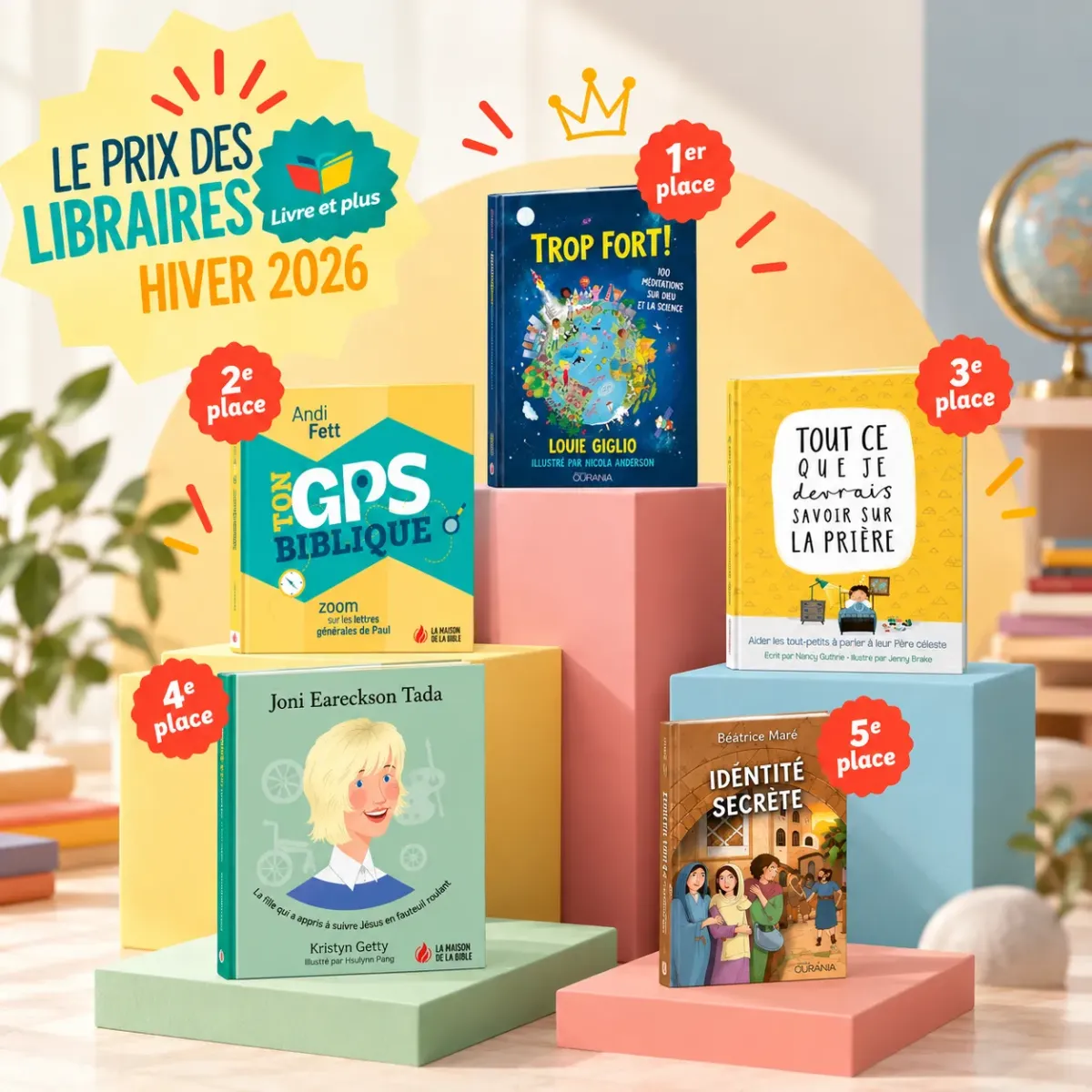   TOP 5, CATÉGORIE JEUNESSE !   Le Prix des libraires – Livre et plus est un prix littéraire chrétien francophone (France et Suisse), décerné chaque saison par un jury composé des 28 librairies adhérentes au réseau Livre et plus. Découvrez leur top 5 !  